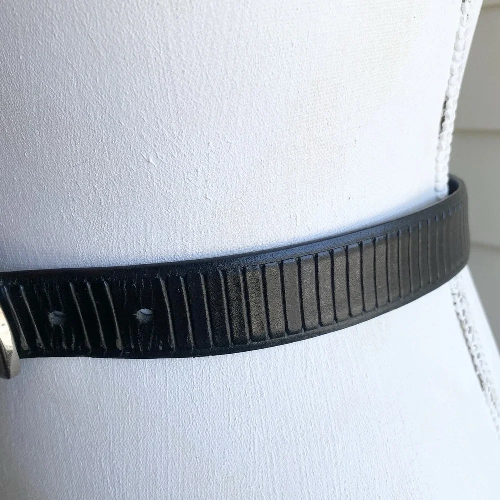 Italian Oil Tan Cowhide Leather Belt Black Textured Ribbed Silver Tone Buckle 38